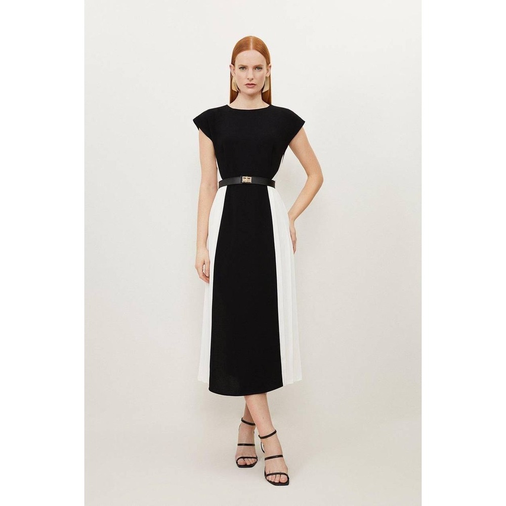 Karen Millen Dress Petite Contrast Pleated Panel Skirt Midi 8 Black Ivory Mono